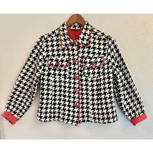 3 Sisters Houndstooth Print Jacket Women's Size S Cotton‎ Button Up Black Red